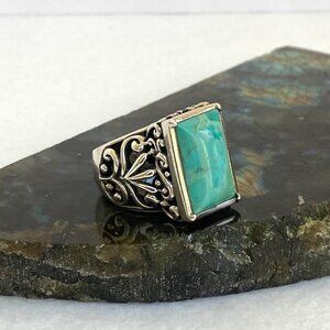 BARSE Sterling Silver 925 Heavy Chunky Scrollwork Turquoise Cabochon Ring Sz 8.5